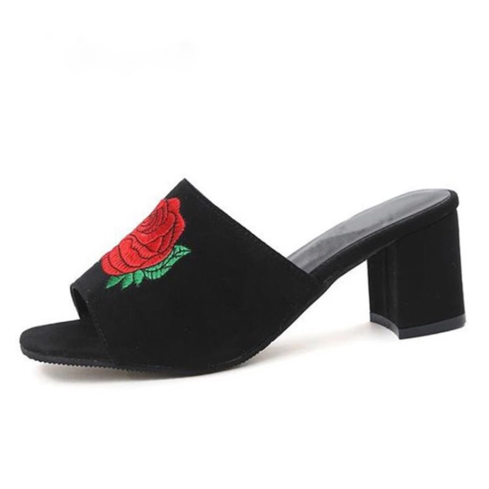 rose patch suede slides