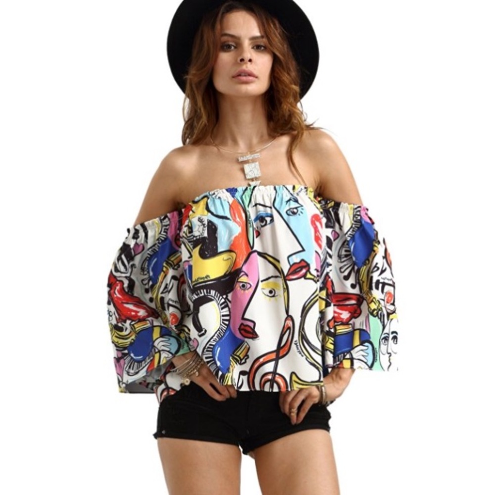 Off the Shoulder 3/4 Sleeves--Multicolor Loose Top