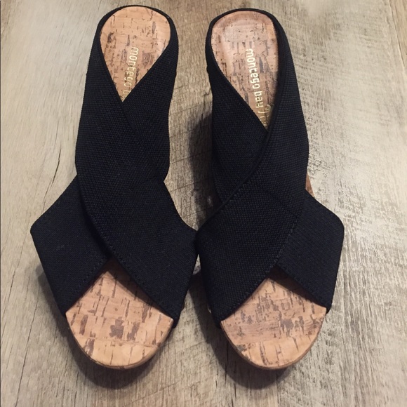 Black and cork platform heels with gold accents. - Picture 2 of 2