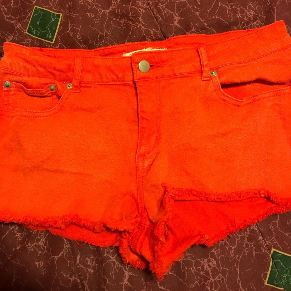 Distressed Red Stretch Jean Shorts