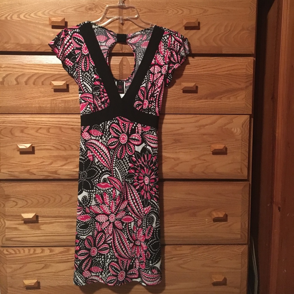 Pink, black and white dress