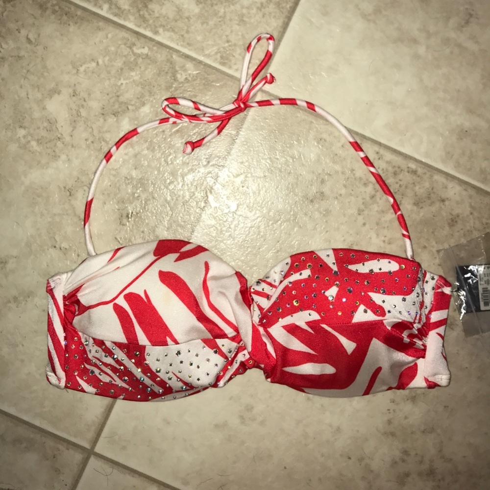 Coral Red and White Padded Bikini Top NWT