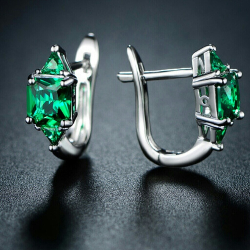 Classy Faux emerald white gold huggie earrings