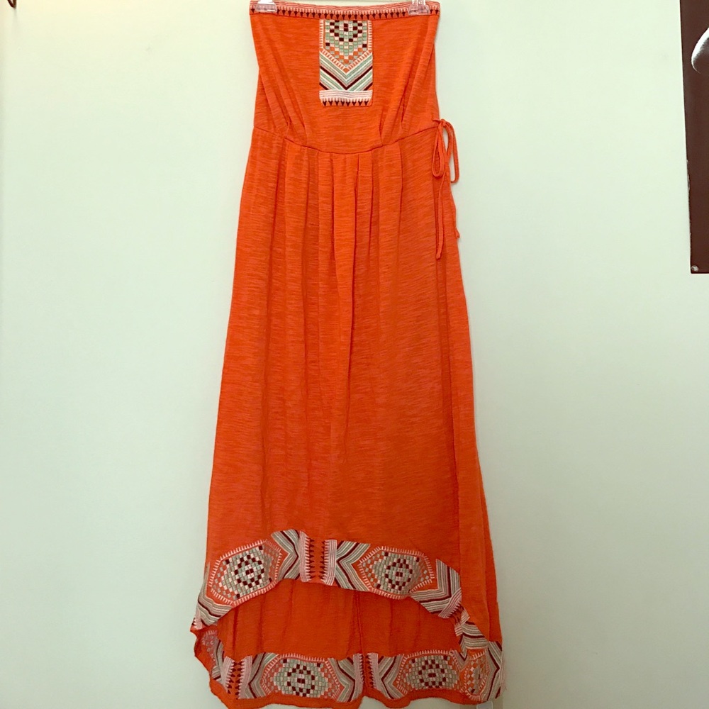 Orange strapless dress with hi-lo