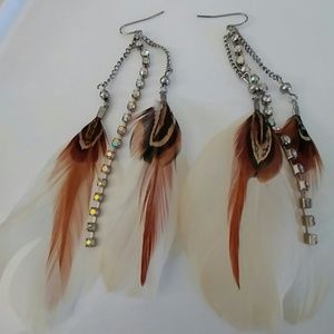 Boho feather and rhinestone dangle earrings