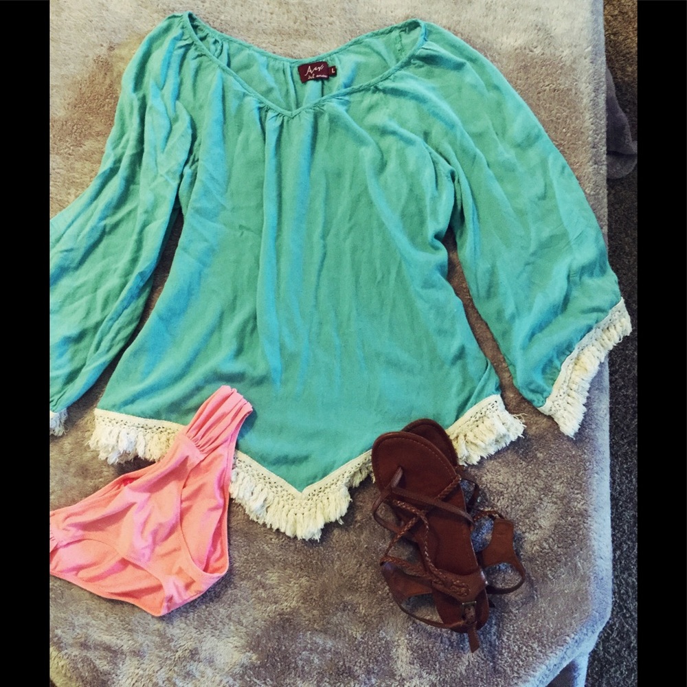❌SOLD❌ Avani turquoise fringe bell-sleeve tunic