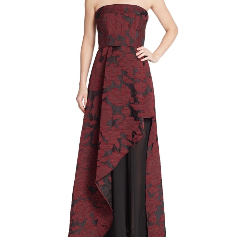ABS Strapless Floral Jacquard Black & Marsala Gown