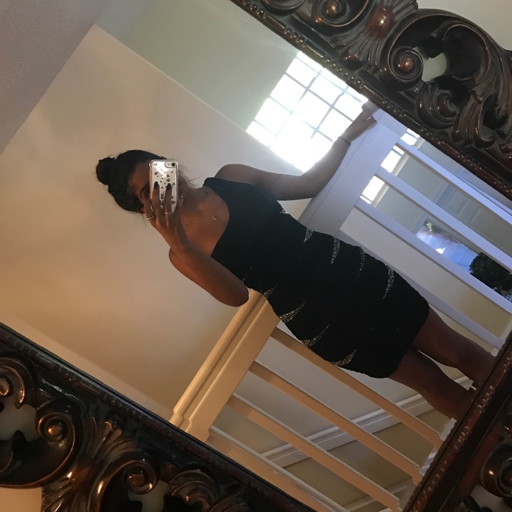 Black Rhinestone One Shoulder Dress