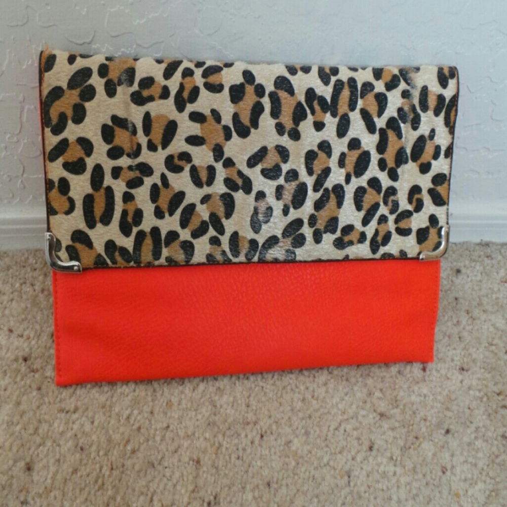 Leopard print and orange clutch