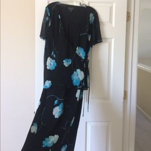 Black and aqua silk wrap dress