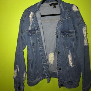 Distressed denim jacket.
