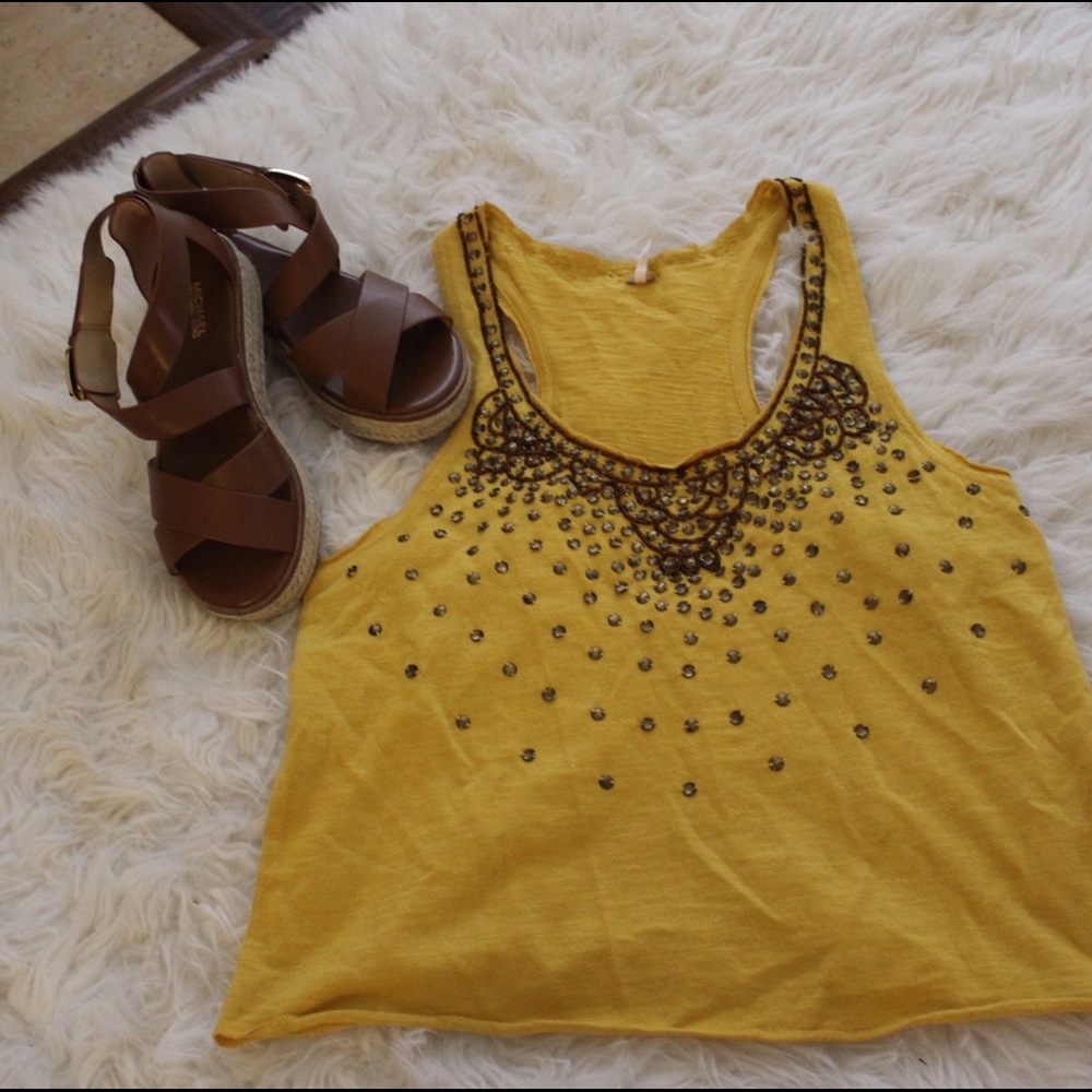 Free People Mustard Tank with Beading