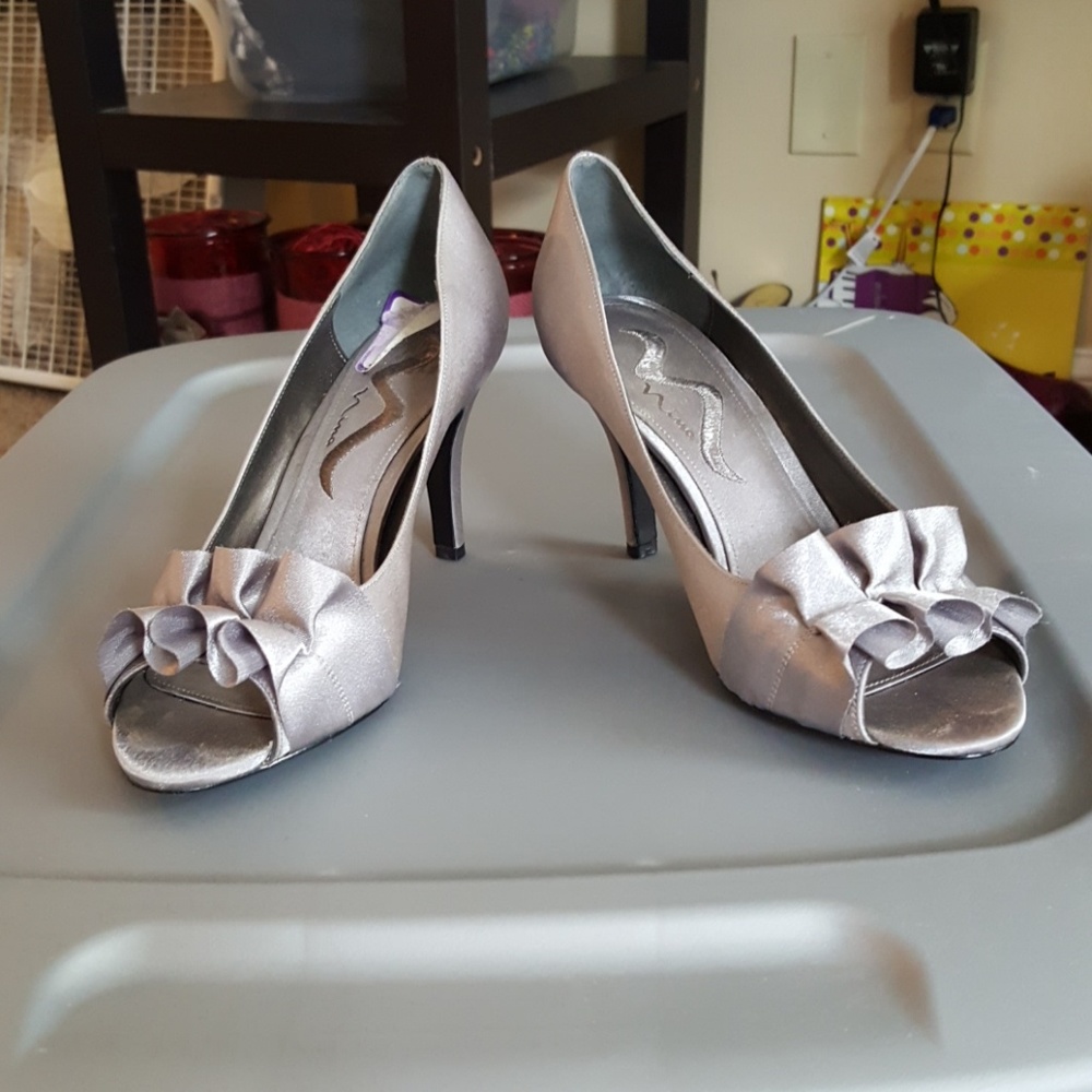 Silver satin heels size 8