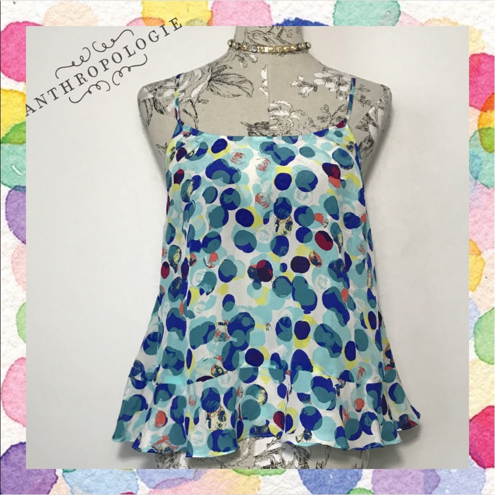 ~Anthro Maeve Silk Dots Racerback Ruffle Tank Top~