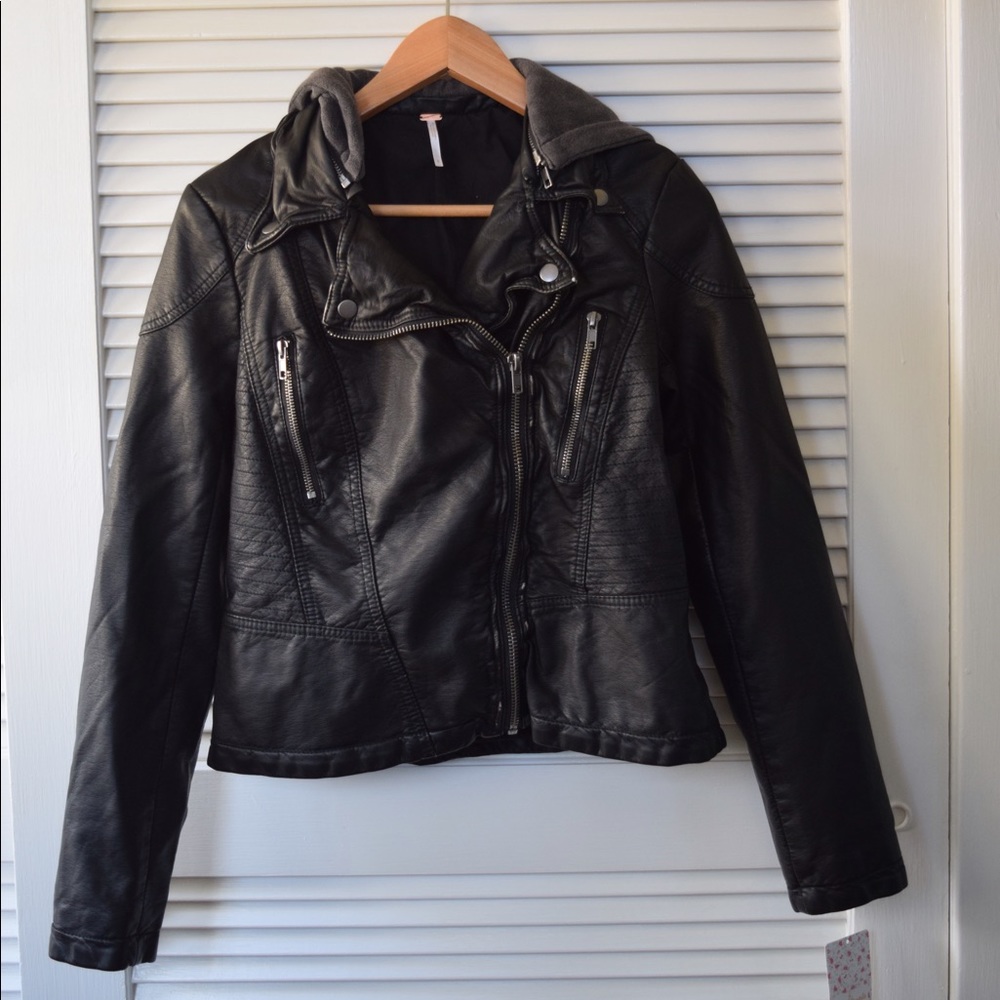 Free People Faux-Leather Hooded Moto Jacket - NEW