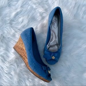 Denim and cork peep toe wedges