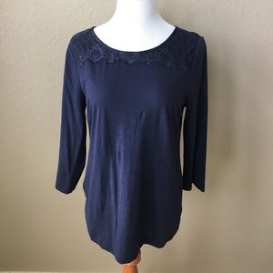 Navy 3/4 Sleeve Top With Lace Detail
