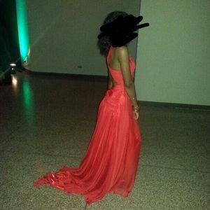 Red Halter Top Dress with Long and Slim Train