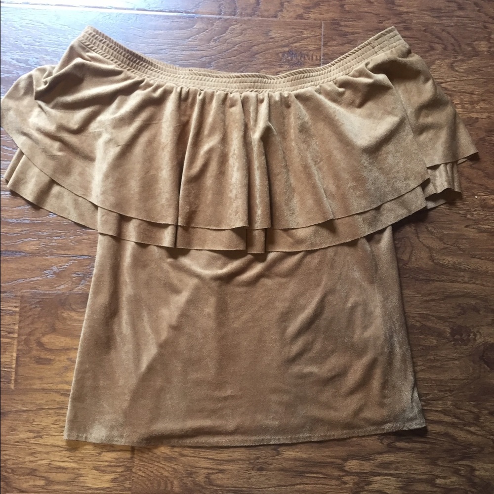 Tan suede off the shoulder top