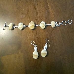 Beautiful New Silvertone Beige Bracelet Earrings