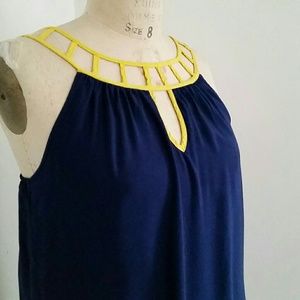 Navy Blue dress with Yellow caging & strap details