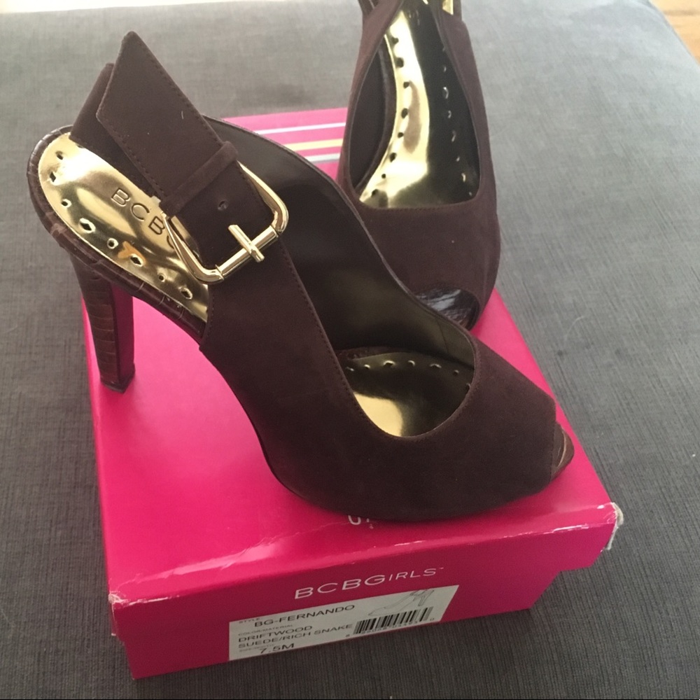 BCBGirls sling back brown suede heels