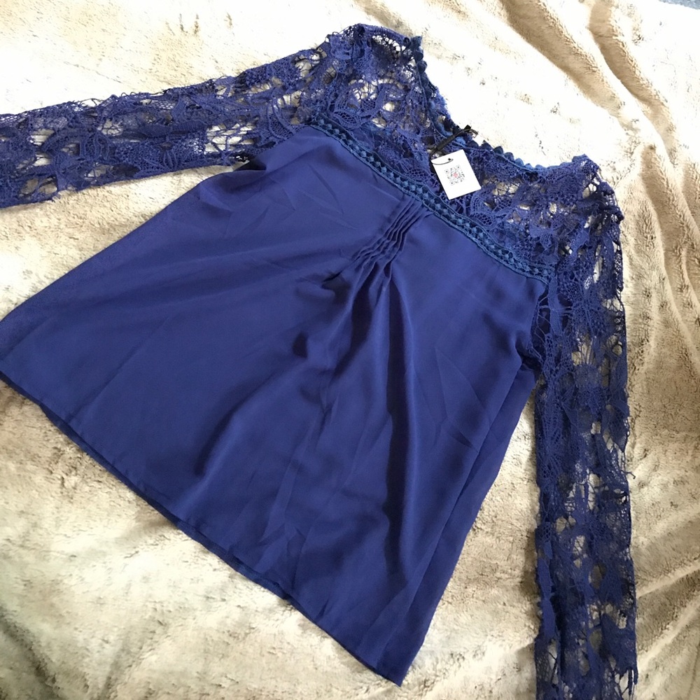 Blue lace embroidered top beauty detail blouse