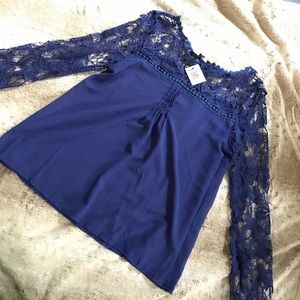 Blue lace embroidered top beauty detail blouse