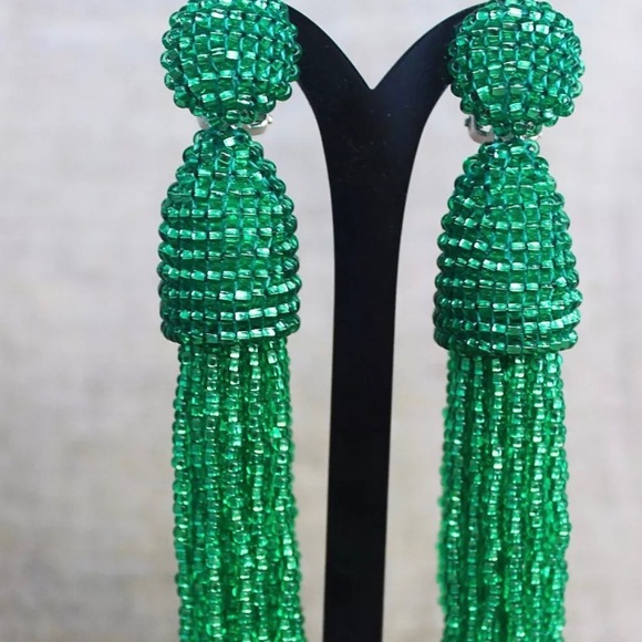 Green tassel earrings!  Clip.  Gorgeous!! NWOT - Picture 2 of 2