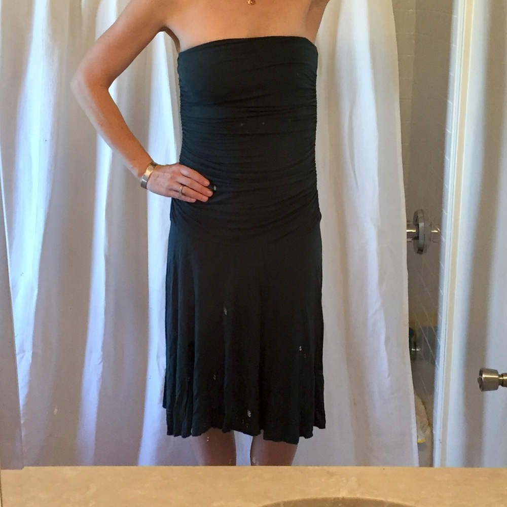 Dark green, ruched top, flowy bottom, midi length