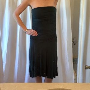 Dark green, ruched top, flowy bottom, midi length