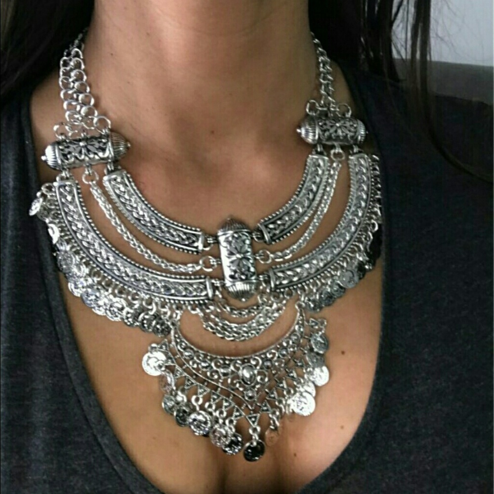 NEW Silver bohemian coin chain statement necklace