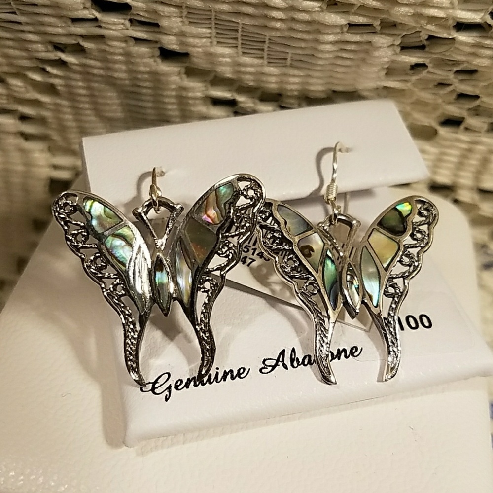 Sterling Silver Oxidize Abalone Butterfly Earrings - Picture 1 of 2