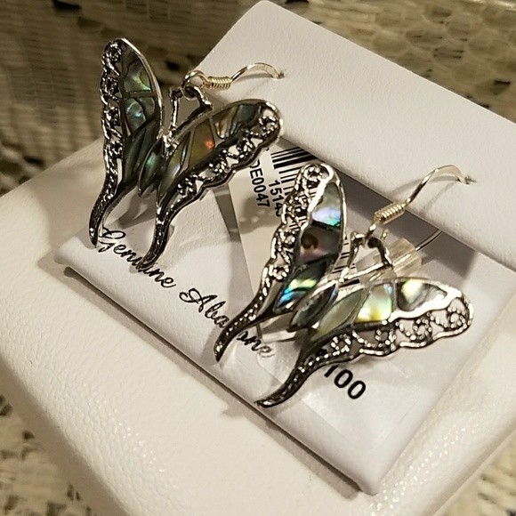 Sterling Silver Oxidize Abalone Butterfly Earrings - Picture 2 of 2