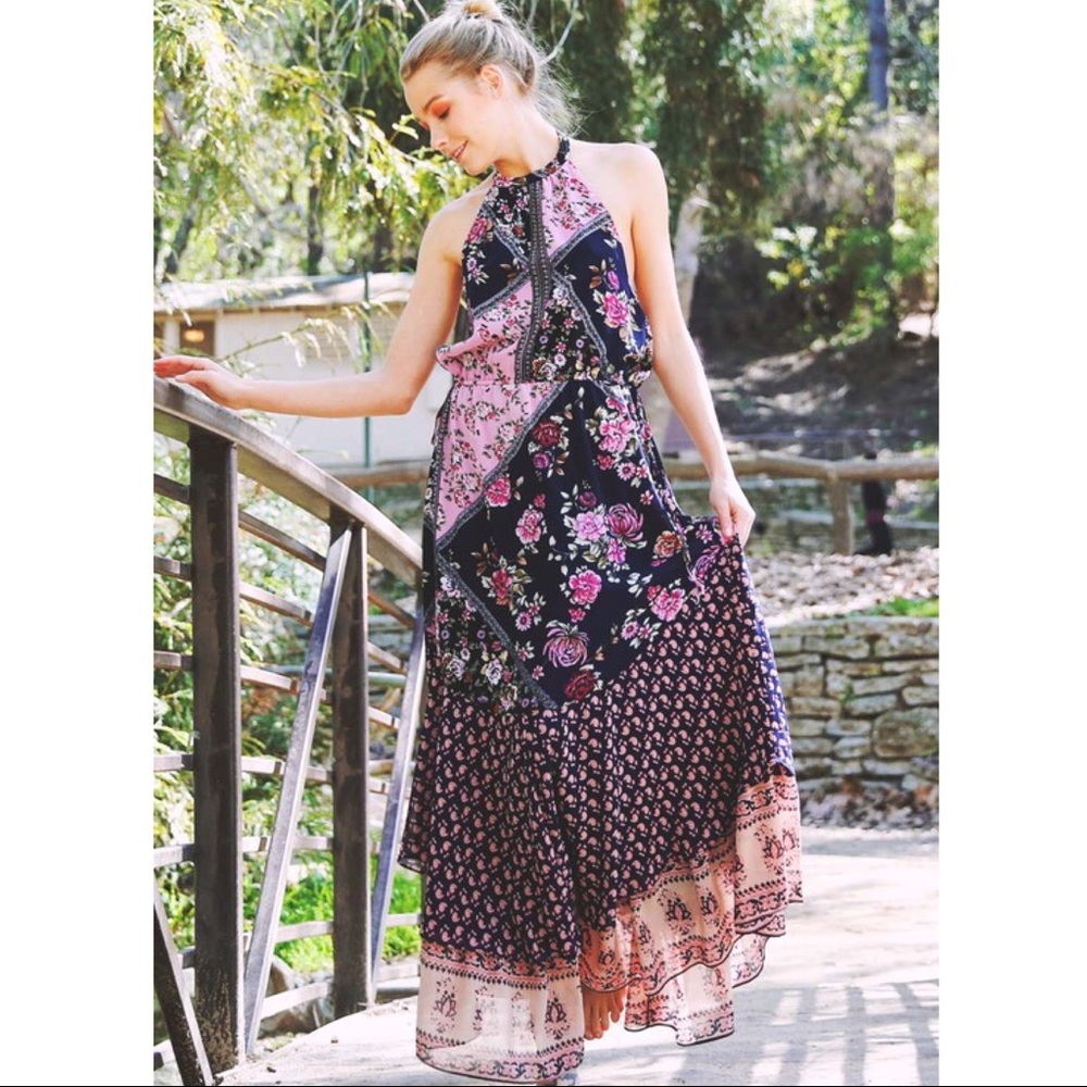 SHILOH print halter maxi - NAVY MIX