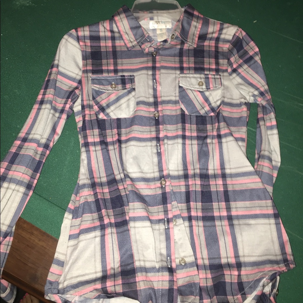 Pink and gray plaid button up blouse