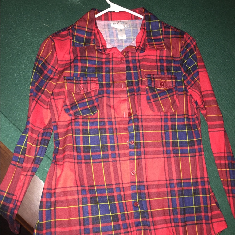 Red and blue button down blouse