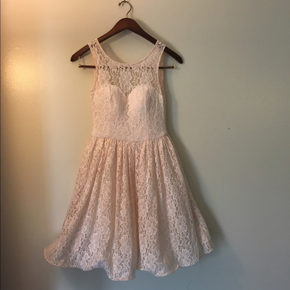Pink lace dress with plunging back!