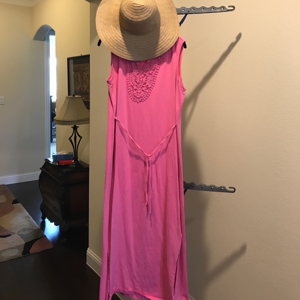 Bright pink resort style dress and matching shrug