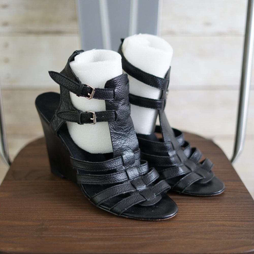 Nine West Gladiator Wedge Sandals Black Leather