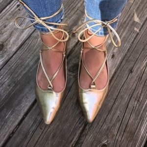 Gold lace up flats