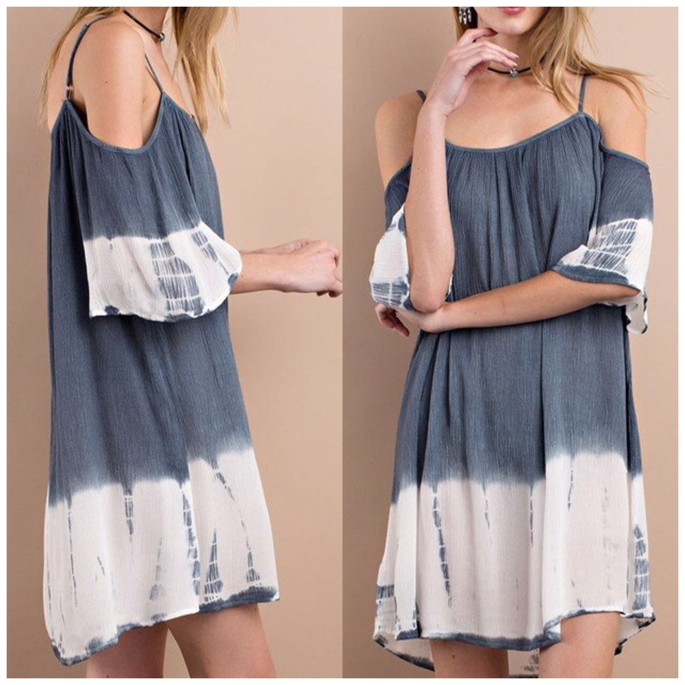 Indigo Tie Dye Cold Shoulder Dress - Picture 2 of 4