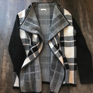 Black and white knit open front sweater