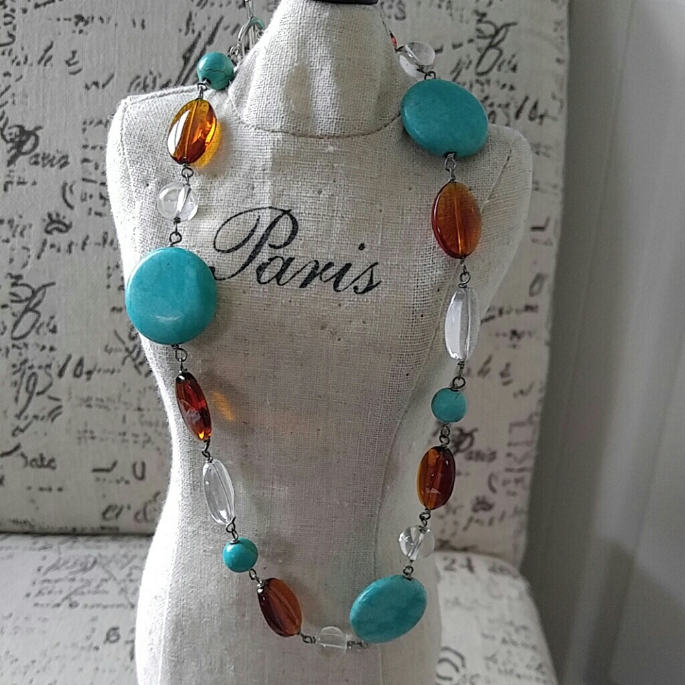 Stone necklace in aqua & amber.