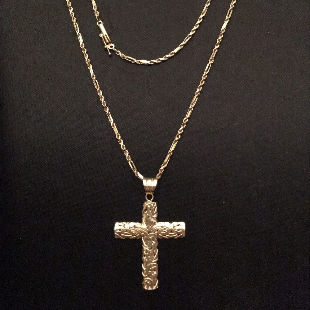 10k gold chain and 14k two tone cross necklace