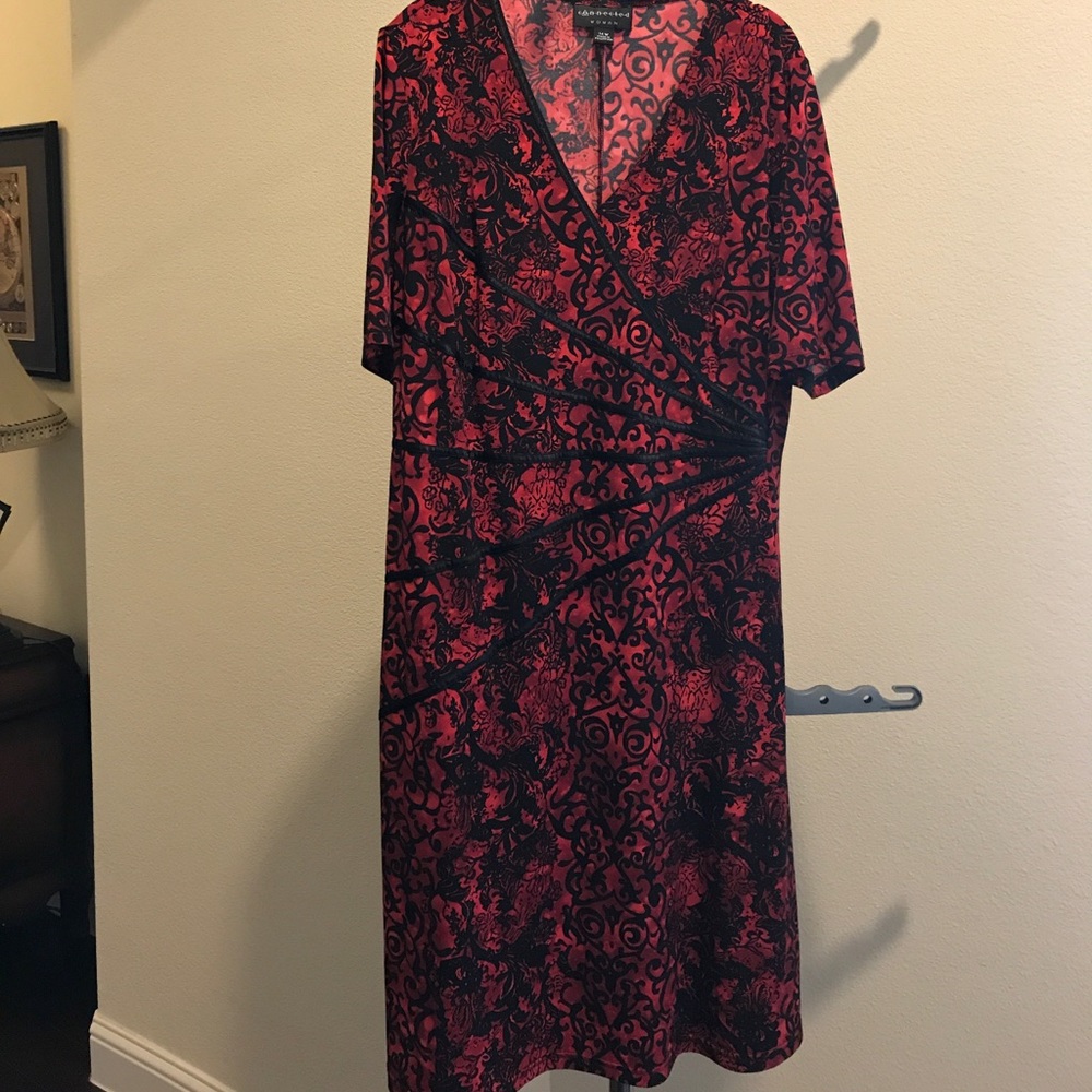 Beautiful red and black patterned faux wrap dress