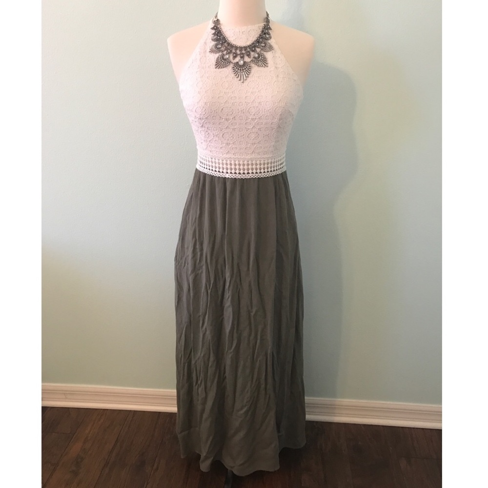White and green maxi dress with slit