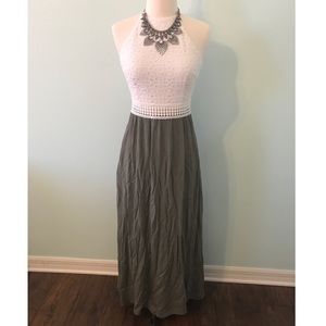 White and green maxi dress with slit