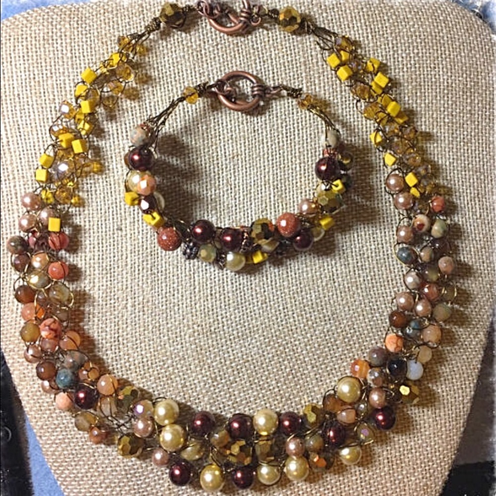 Copper & Gemstone Crocheted Necklace Set