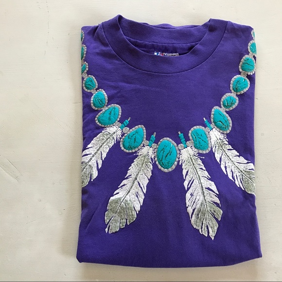 Vintage Tops - Vintage Turquoise Feather Necklace Tee
